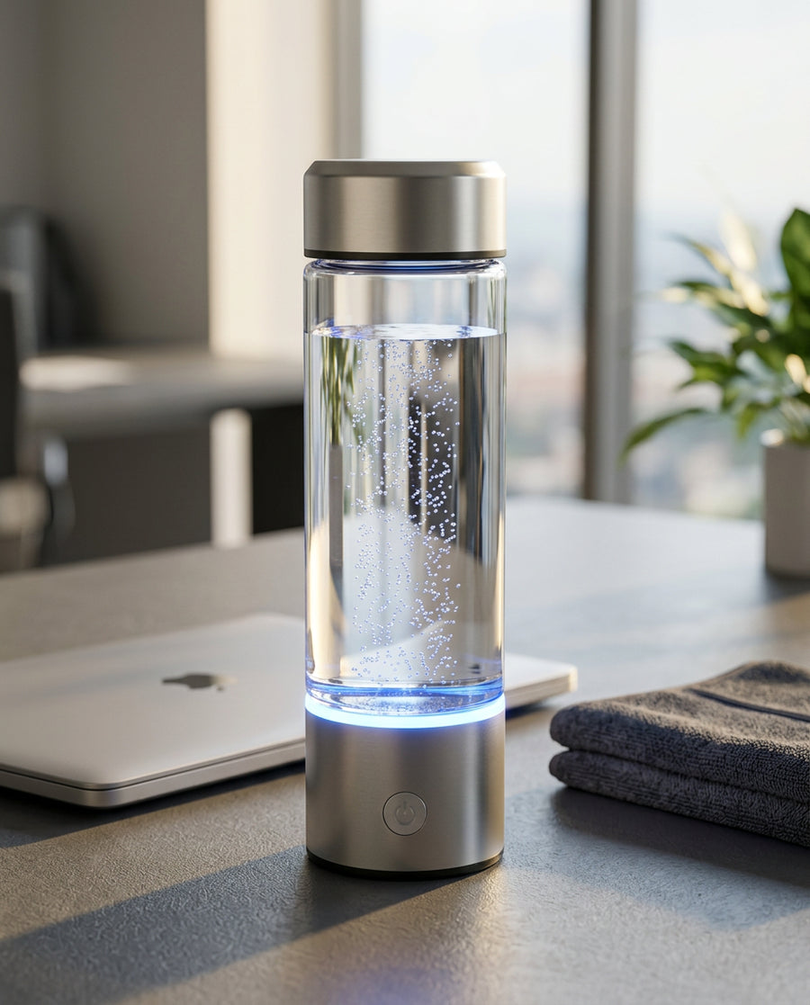 Aquo on a desk beside a laptop and gym towel