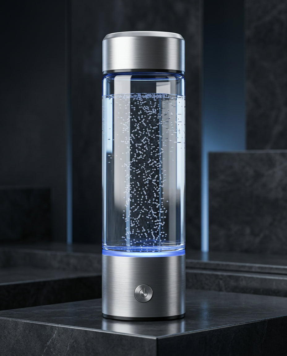 Aquo hydrogen water bottle with silver cap and blue indicator light