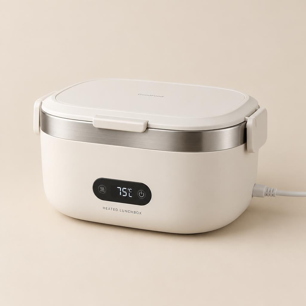 The Lūno electric heated lunchbox, angled view with temperature display