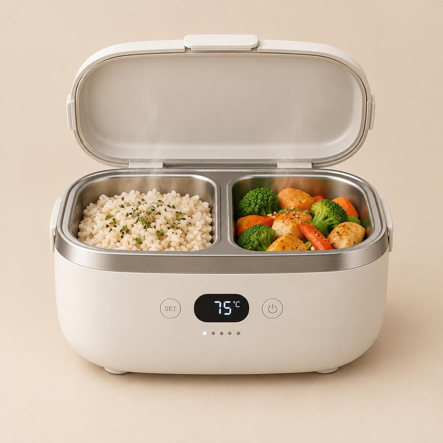 The Lūno with the lid open showing two stainless steel food compartments