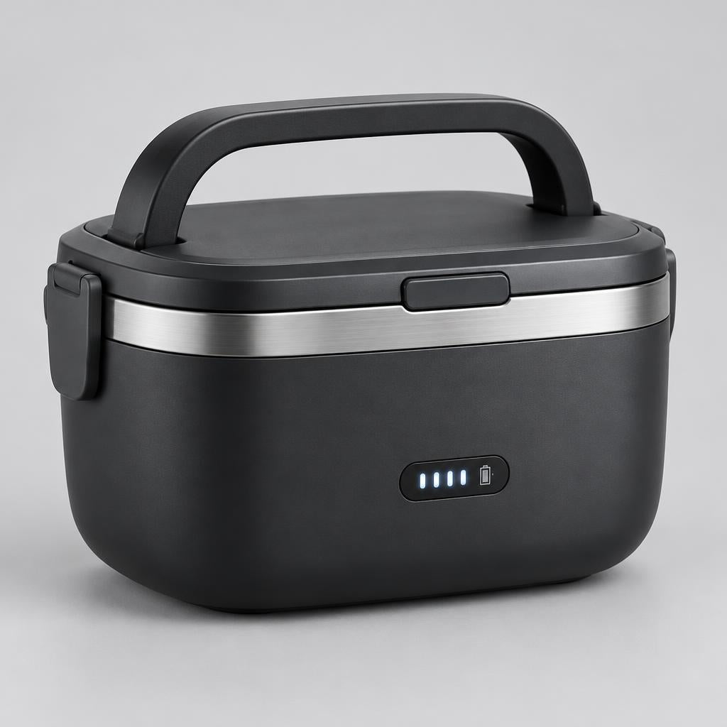 The Lūno Pro cordless heated lunchbox, angled view with carry handle and battery lights