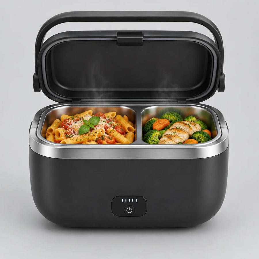 The Lūno Pro with the lid open showing a warm pasta meal in two compartments