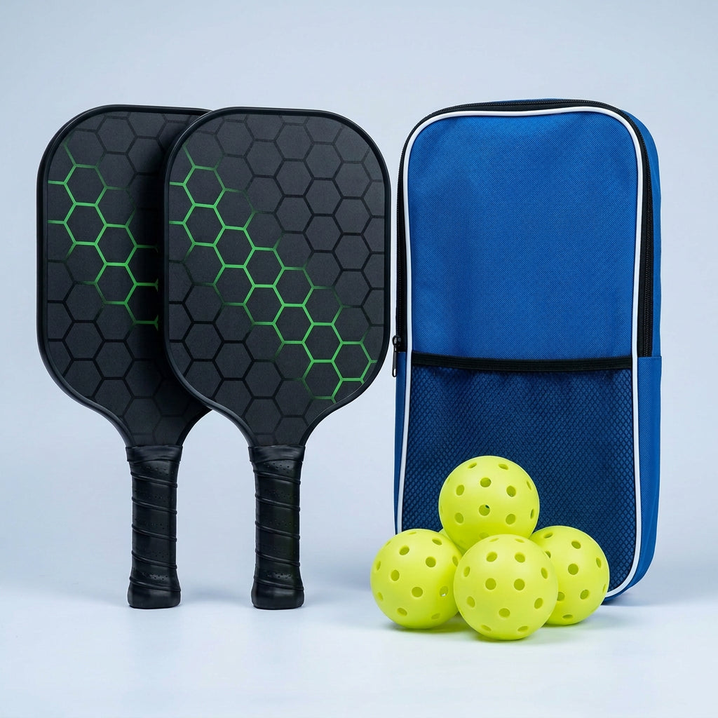 Rally Pro pickleball set, crazy green carbon paddles with ball and bag